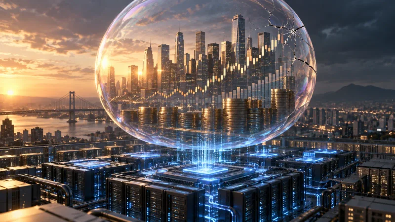 Colagem editorial sobre inteligência artificial e risco de correção financeira