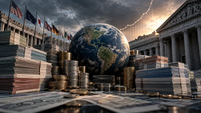 Colagem editorial sobre dívida soberana, títulos públicos e economia mundial
