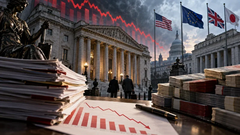 Colagem editorial sobre déficits fiscais e governos de economias avançadas