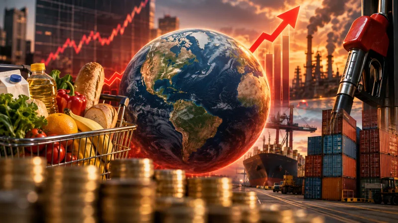 Colagem editorial sobre inflação mundial, alimentos, energia e comércio