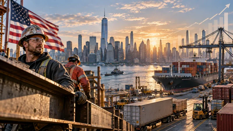 Colagem editorial sobre trabalhadores, comércio e crescimento nos Estados Unidos