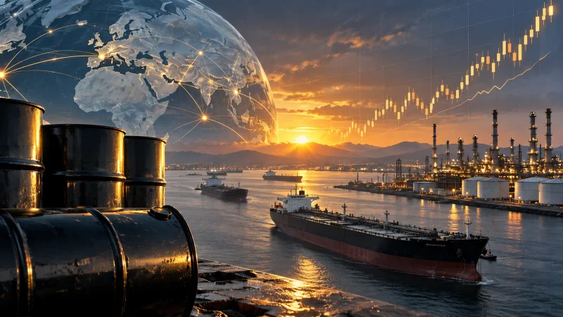 Colagem editorial sobre petróleo, comércio e projeções econômicas globais