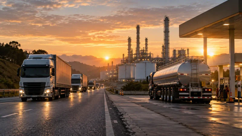 Colagem editorial com caminhões, refinaria e abastecimento de diesel