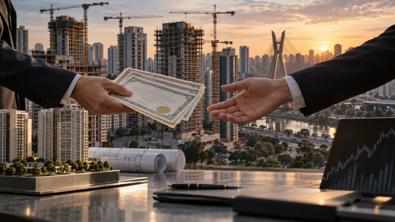 Colagem editorial sobre construção civil e venda de participação acionária