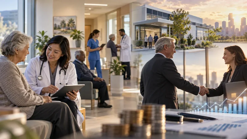 Colagem editorial sobre clínicas para idosos e parceria de investimento
