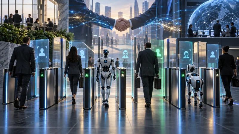 Colagem editorial sobre controle de acesso para pessoas e agentes de inteligência artificial