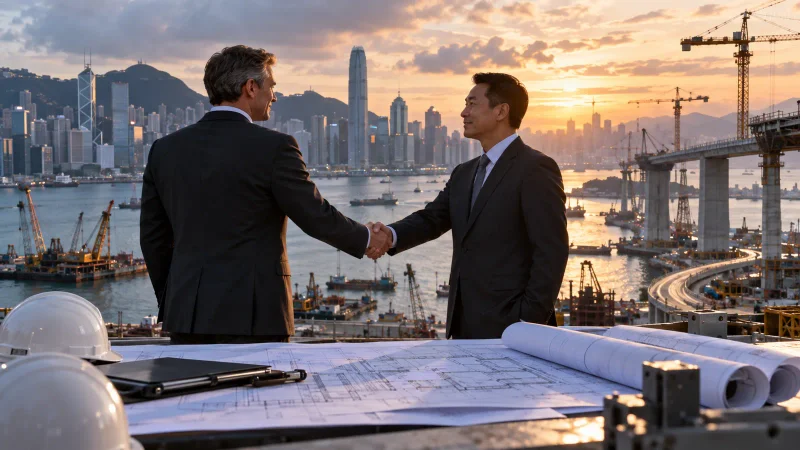 Colagem editorial sobre construção em Hong Kong e venda de participação