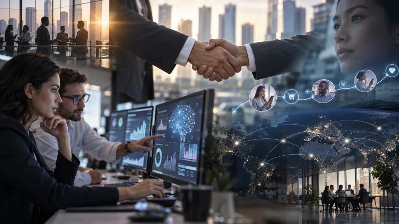 Colagem editorial sobre consultoria, dados de clientes e aquisição
