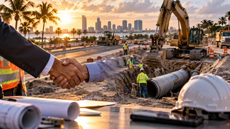 Colagem editorial sobre infraestrutura civil, obras e aquisição na Flórida