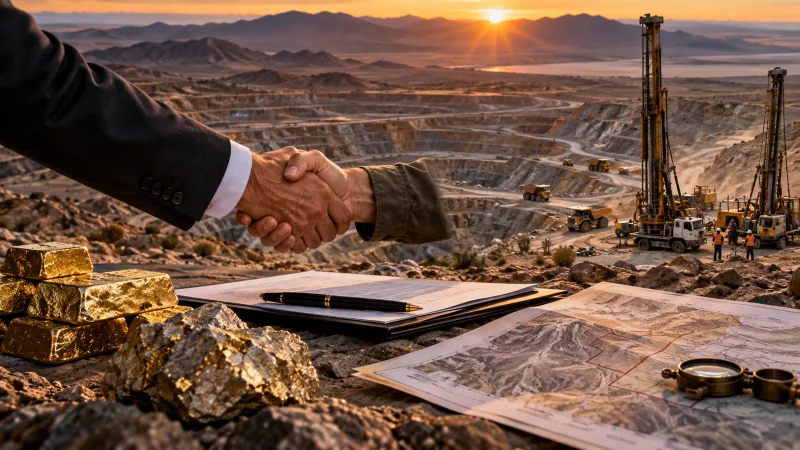 Colagem editorial sobre mineração de ouro e aquisição de projeto em Nevada