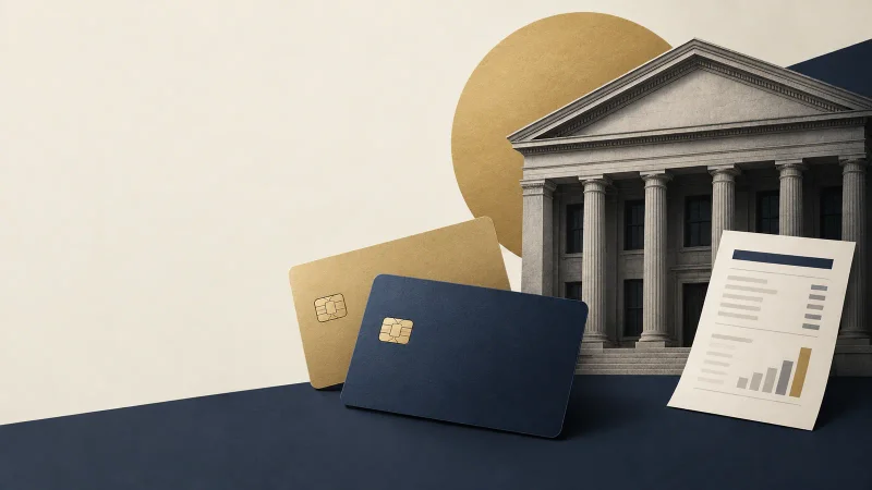 Colagem minimalista sobre banco, crédito e balanço