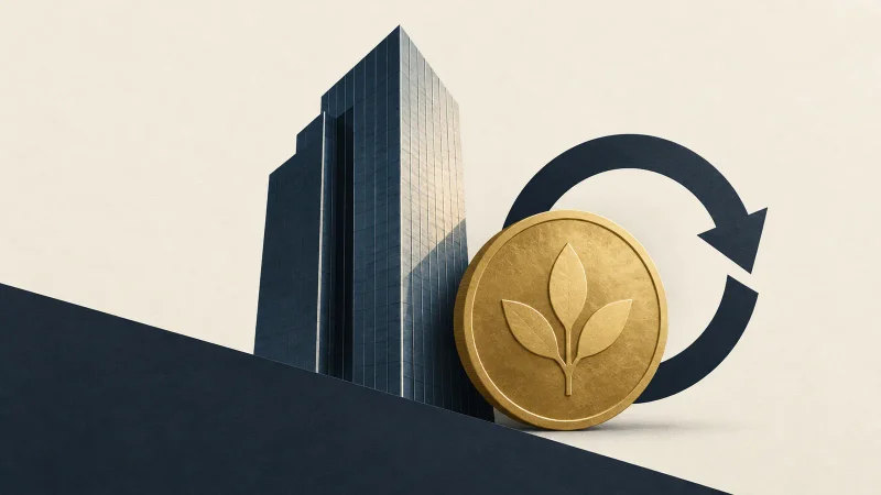 Colagem minimalista de cartões, moedas e edifício financeiro