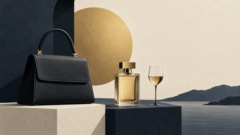 Colagem minimalista com bolsa neutra, frasco e taça sobre papel