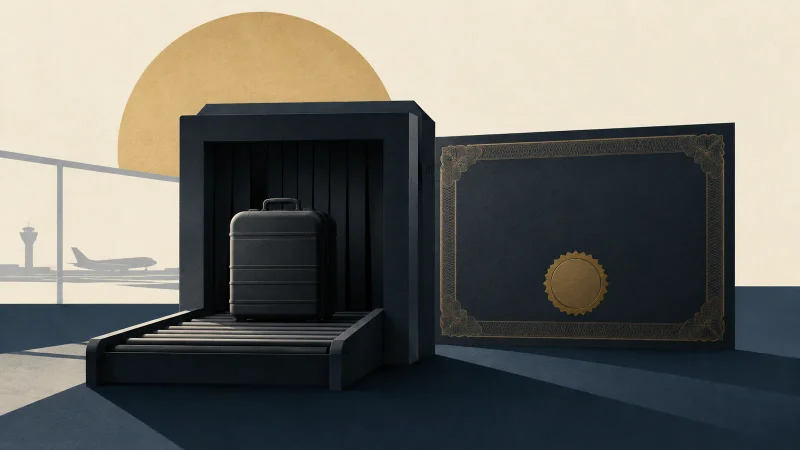 Colagem minimalista com scanner, mala e nota financeira abstrata