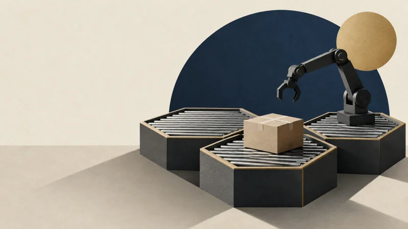 Colagem minimalista com três células hexagonais e uma caixa