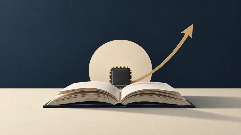 Colagem minimalista com livro, pequeno chip e seta de expansão