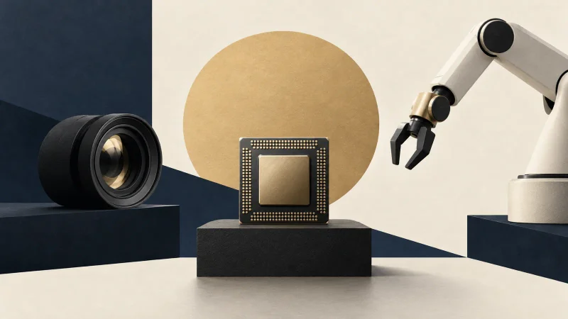 Colagem minimalista com único chip, lente e braço mecânico