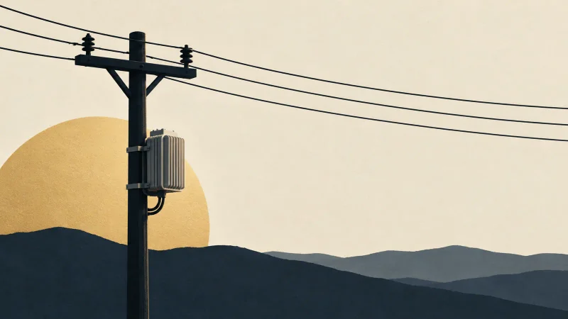 Colagem minimalista com poste, três linhas e pequeno módulo elétrico