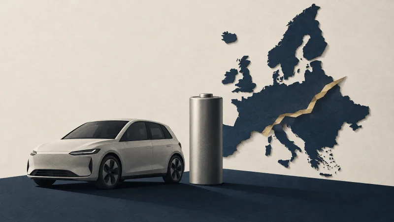 Colagem minimalista com carro elétrico genérico, bateria e mapa abstrato