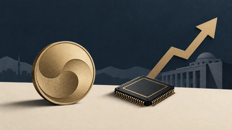 Colagem minimalista com moeda coreana abstrata, chip e seta de juros