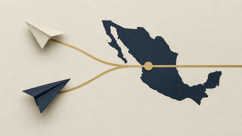 Colagem minimalista com dois aviões de papel convergindo e mapa