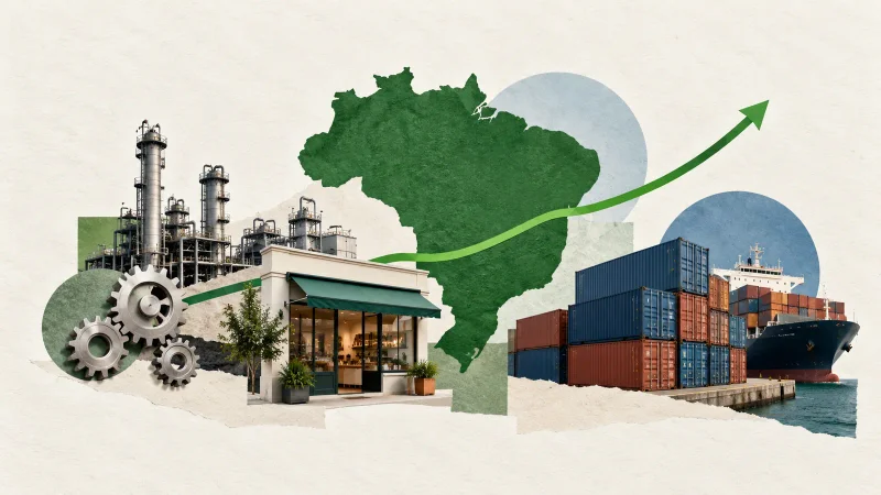 Colagem minimalista com mapa do Brasil, fábrica, comércio, engrenagens, contêineres e navio de exportação