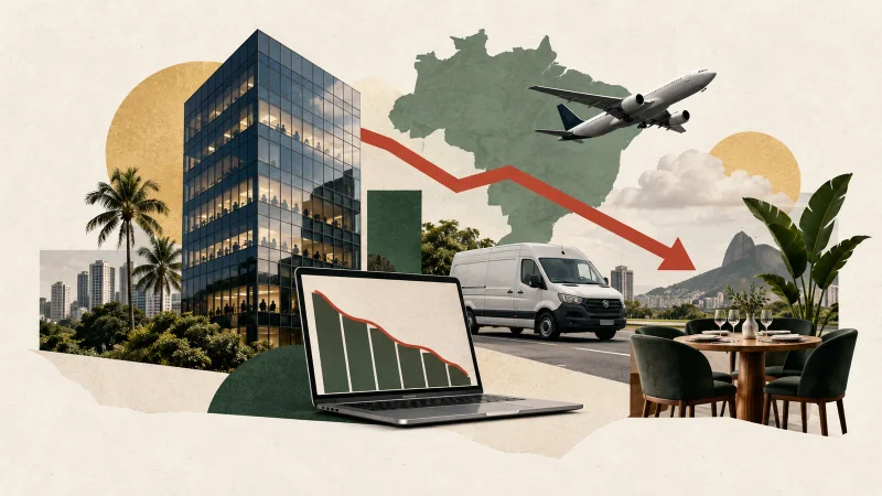 Colagem editorial clean com edifício empresarial, transporte, tecnologia e restaurante diante de gráfico descendente no mapa do Brasil