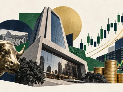 Colagem editorial clean da bolsa brasileira com touro, moedas e gráficos ascendentes em verde, azul e dourado