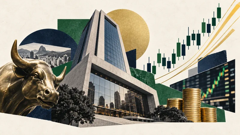 Colagem editorial clean da bolsa brasileira com touro, moedas e gráficos ascendentes em verde, azul e dourado