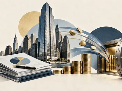 Colagem editorial clean com arranha-céus de Manhattan, relatórios financeiros, moedas e fluxo de capital para um cofre