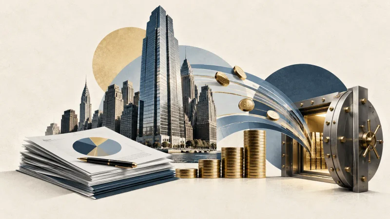 Colagem editorial clean com arranha-céus de Manhattan, relatórios financeiros, moedas e fluxo de capital para um cofre