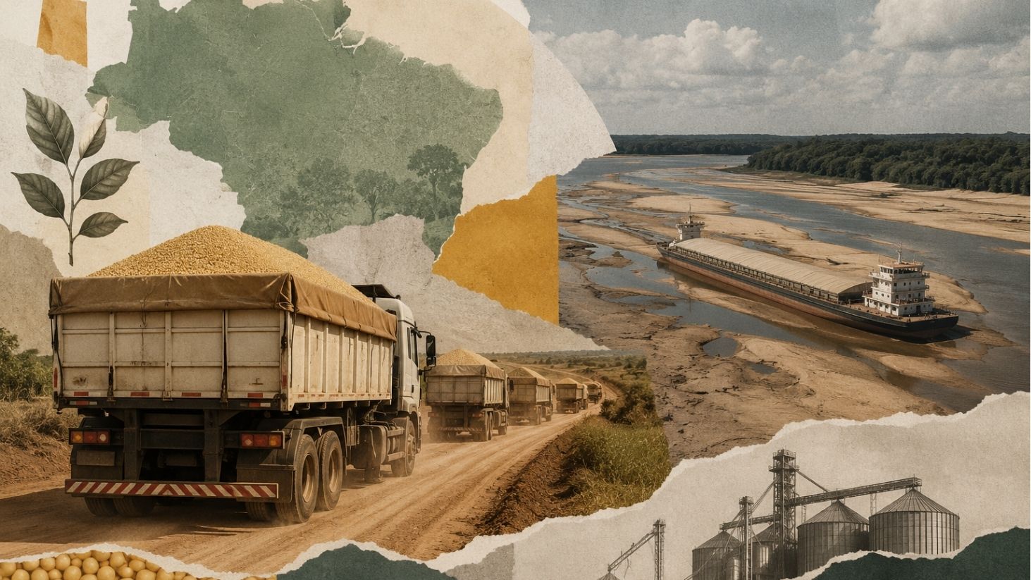 Colagem mostra caminhões graneleiros transportando soja por estrada de terra, embarcação em rio amazônico com bancos de areia expostos e silos de armazenamento ao fundo.