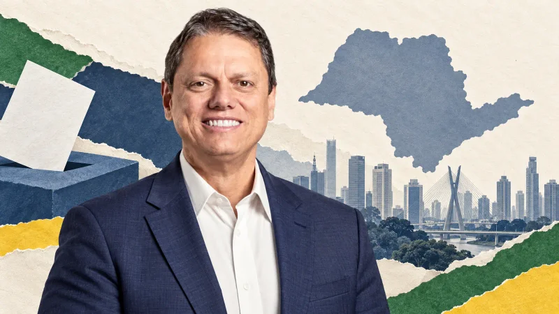 Colagem editorial com Tarcísio na apuração para governador de São Paulo