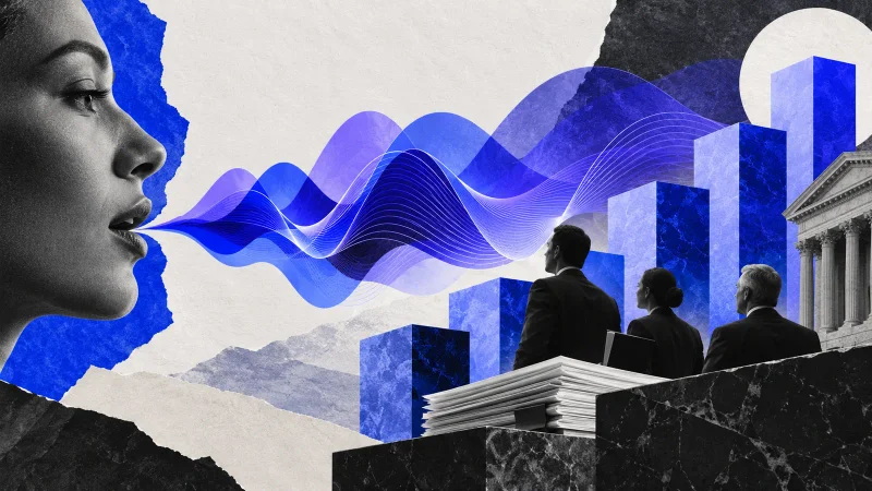 Colagem clean com perfil humano, onda sonora e blocos de valuation