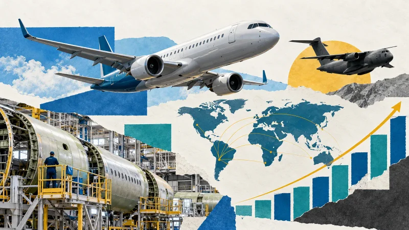 Colagem editorial com jatos comercial e militar, fábrica de aeronaves, mapa e gráfico em alta