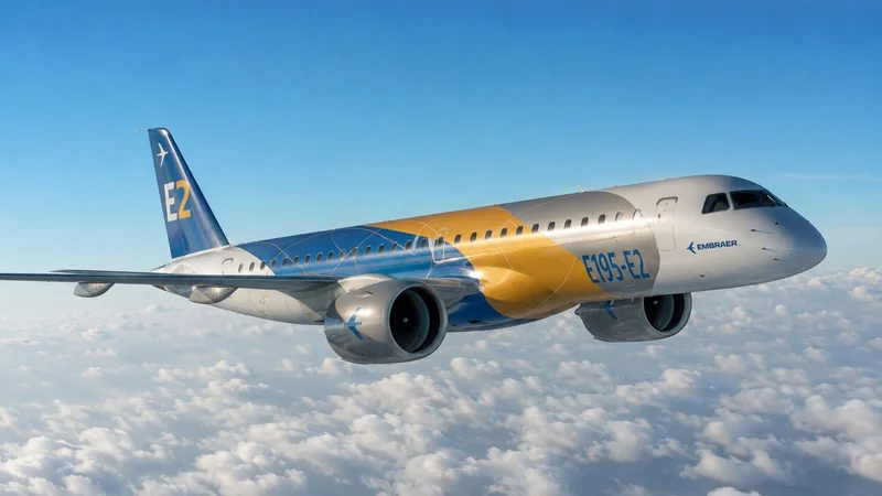 Jato comercial Embraer E195-E2 voando sobre uma camada de nuvens.