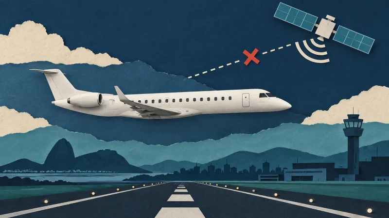 Colagem ilustrativa de avião Embraer E2 e sinal de GPS para notícia sobre instabilidade de navegação
