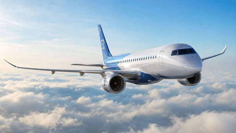 Jato comercial Embraer E2 em voo acima das nuvens, visto de frente e em destaque.