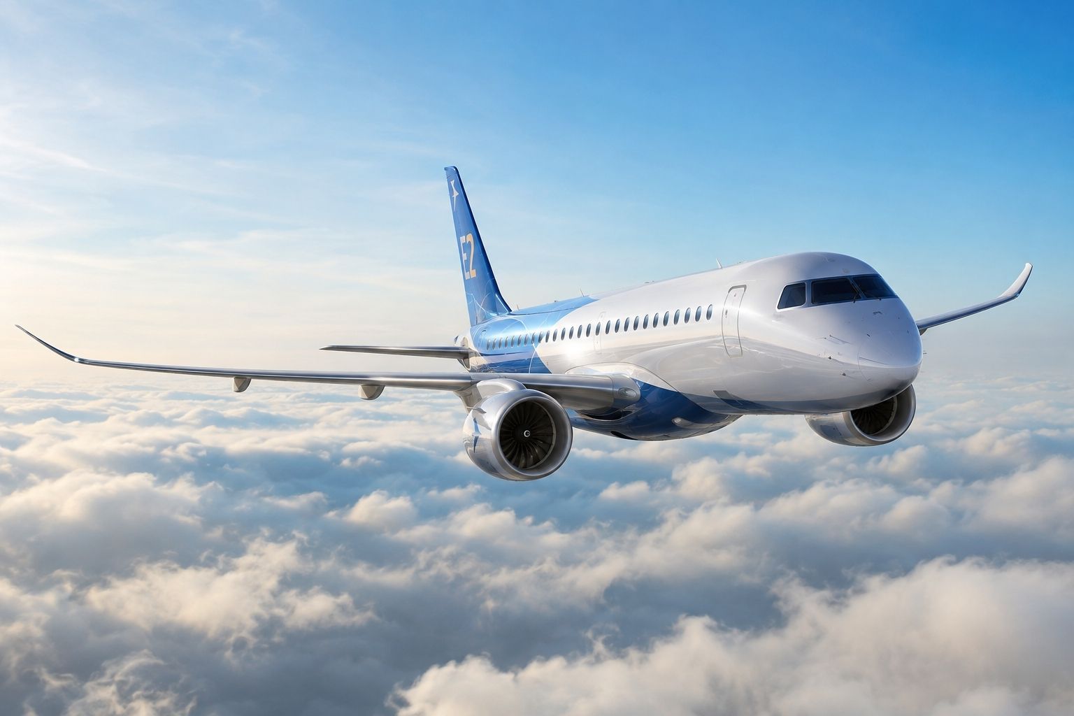 Jato comercial Embraer E2 em voo acima das nuvens, visto de frente e em destaque.