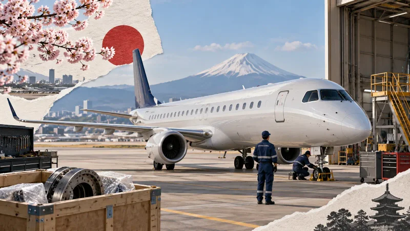 Colagem editorial de jato regional em aeroporto e elementos de manutenção aeronáutica
