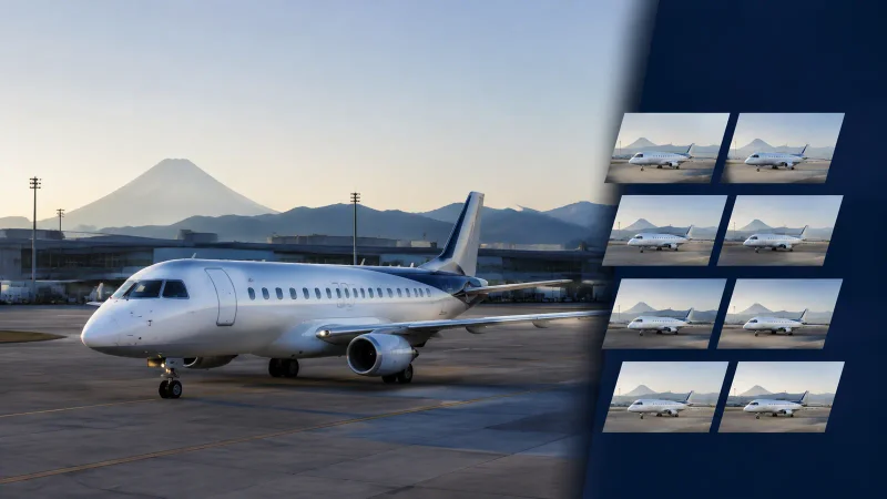 Jato regional moderno em aeroporto japonês com oito imagens menores representando a encomenda adicional