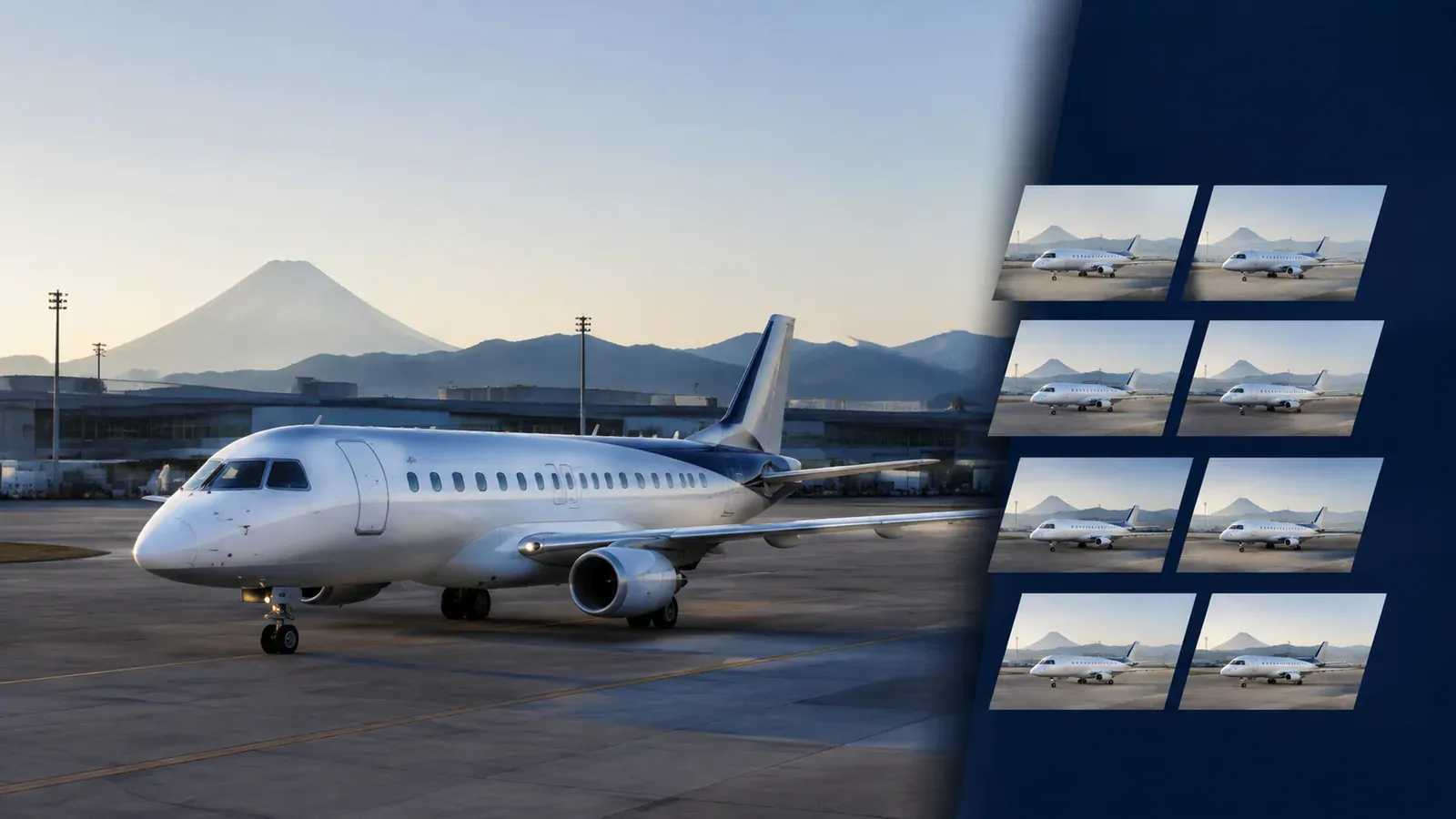 Jato regional moderno em aeroporto japonês com oito imagens menores representando a encomenda adicional