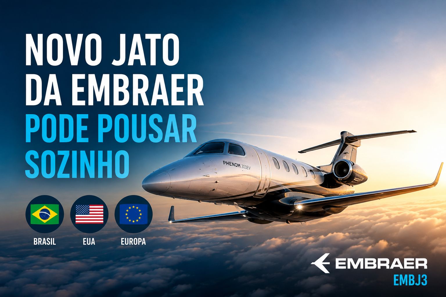 Phenom 300EV da Embraer recebeu certificação de Brasil, EUA e Europa e é o primeiro jato leve certificado com sistema Emergency Autoland.