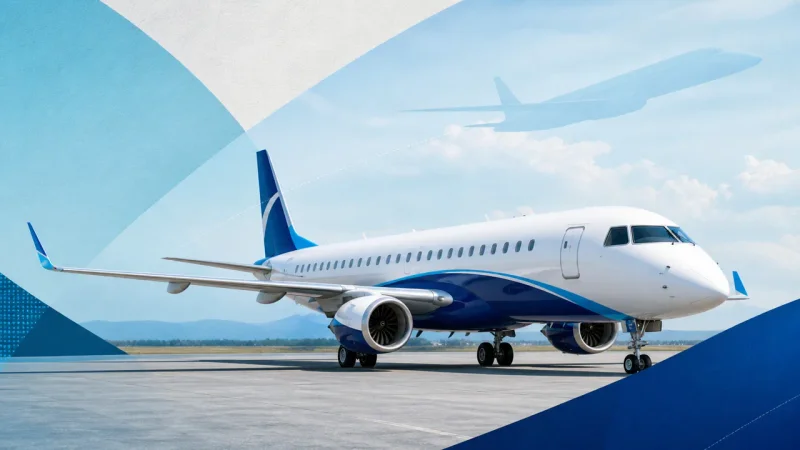 Colagem minimalista de um jato comercial da Embraer em pista de aeroporto