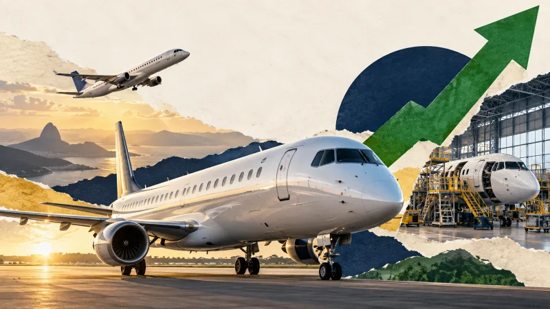 Colagem editorial clean sobre embraer entrega 66 aeronaves e tem melhor 3º trimestre da história