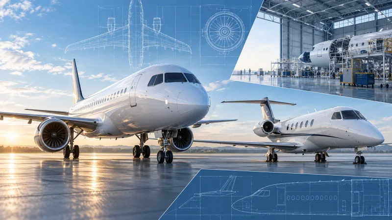 Colagem clean com jatos comercial e executivo e projeto de aeronave