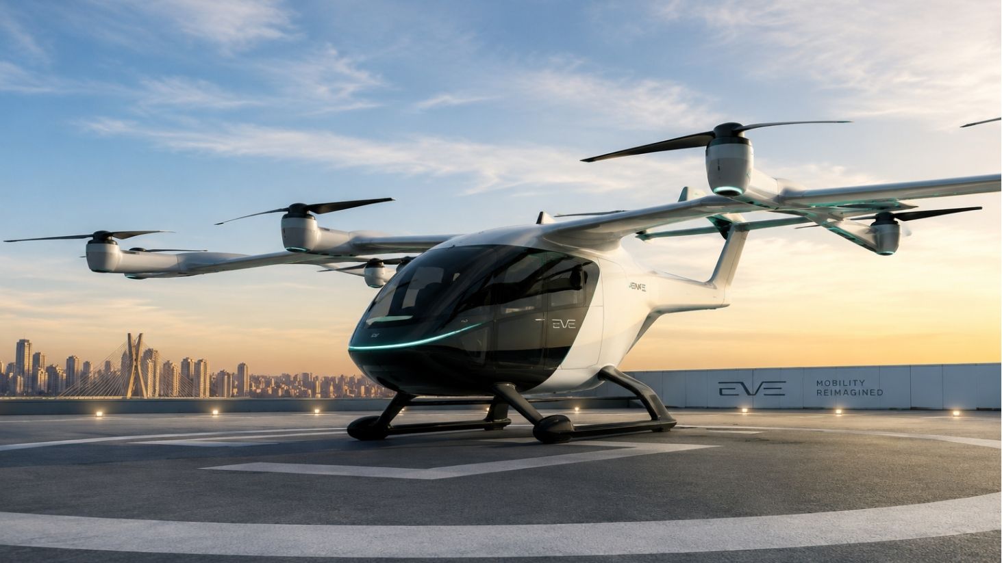 Carro voador Eve 100, da Embraer, aeronave elétrica de decolagem vertical.