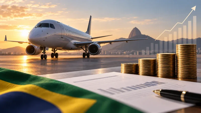 Avião comercial da Embraer e elementos financeiros representam pagamento de JCP