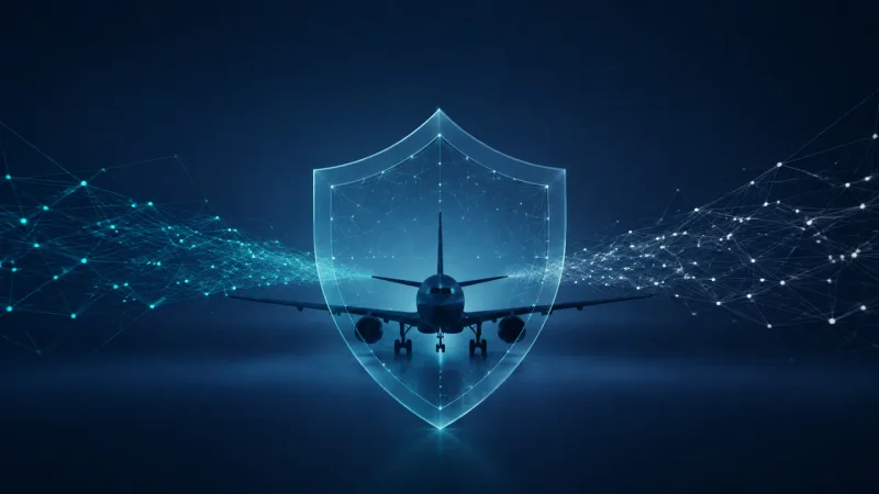 Colagem minimalista com avião protegido por escudo digital representando a união de negócios de cibersegurança de Embraer e SPX
