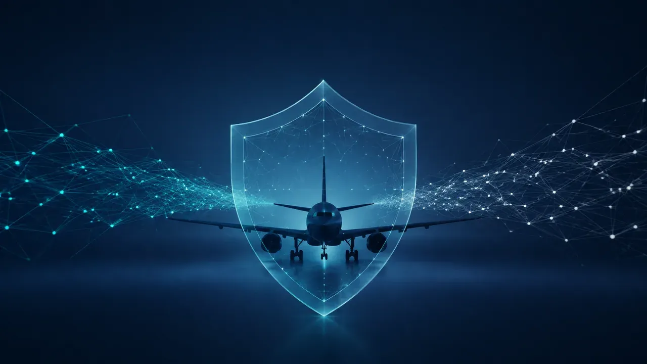 Colagem minimalista com avião protegido por escudo digital representando a união de negócios de cibersegurança de Embraer e SPX
